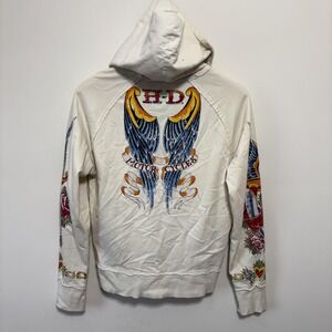 Harley-Davidson HD Ink Tattoo Hoodie Womens L White Full Zip Y2K Biker Wings